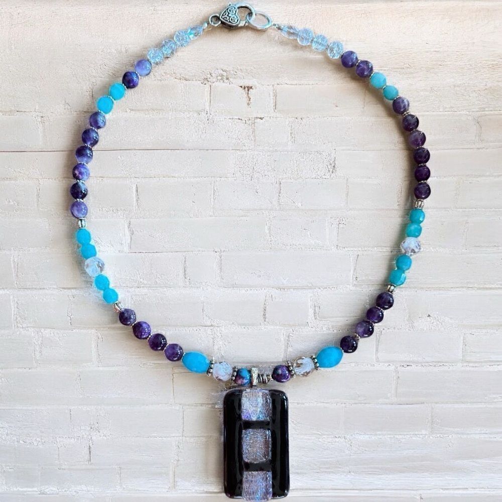 One of a Kind RARE handmade Blue Faceted Larimar &Genuine Amethyst DichloricPdnt